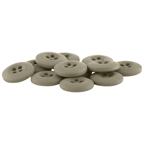 A pile of Tactical Buttons, round and flat with four holes each, made of gray melamine fire-retardant material, arranged on a white background.