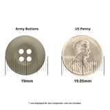 A Tactical Button (19mm, military spec) shown next to a US penny, both with measurement lines for size comparison.