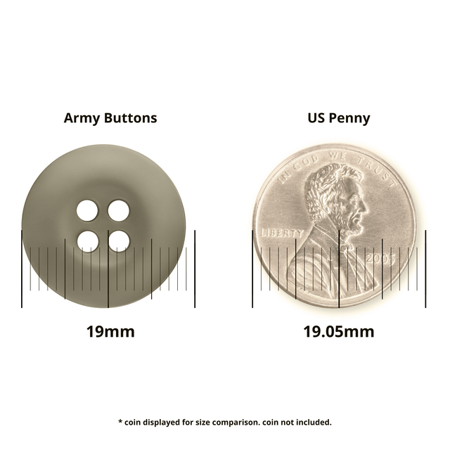 A Tactical Button (19mm, military spec) shown next to a US penny, both with measurement lines for size comparison.