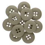 Twelve tan Tactical Buttons made of fire-retardant melamine are arranged in a circular overlapping pattern on a white background.
