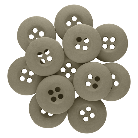 Twelve tan Tactical Buttons made of fire-retardant melamine are arranged in a circular overlapping pattern on a white background.