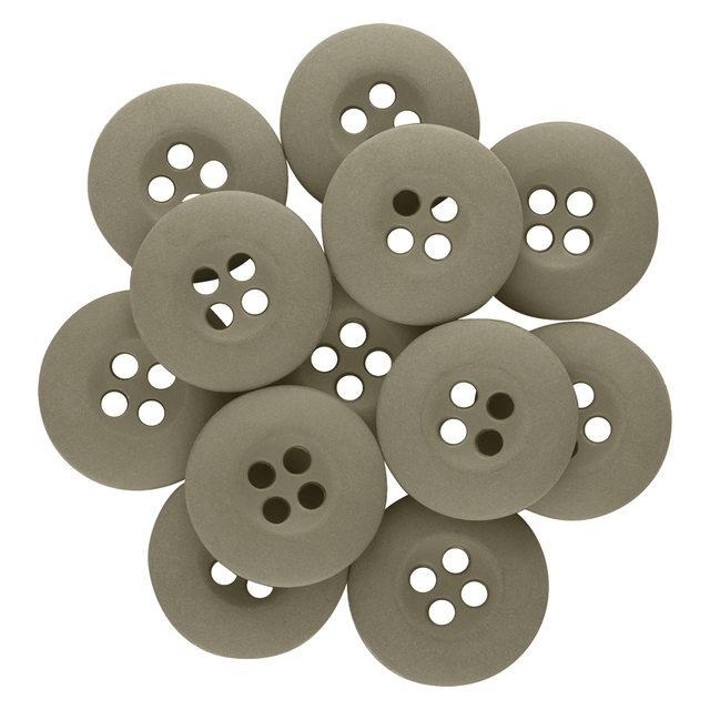 Twelve tan Tactical Buttons made of fire-retardant melamine are arranged in a circular overlapping pattern on a white background.