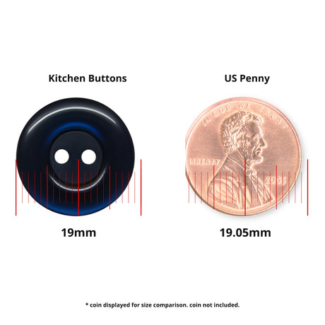 A 19mm black Commercial Food Service Button, perfect as a plain uniform button, is displayed beside a 19.05mm US penny for size comparison.