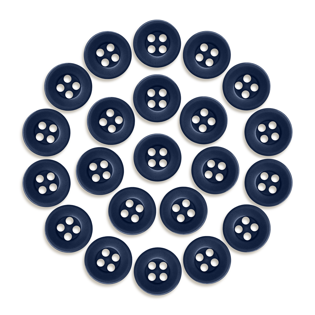 Twenty-three Workshop Uniform Shirt Buttons, made of durable navy blue nylon, are arranged in a circular pattern on a white background.