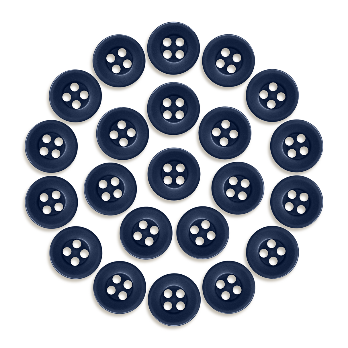 Twenty-three Workshop Uniform Shirt Buttons, made of durable navy blue nylon, are arranged in a circular pattern on a white background.