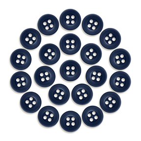 Twenty-three Workshop Uniform Shirt Buttons, made of durable navy blue nylon, are arranged in a circular pattern on a white background.
