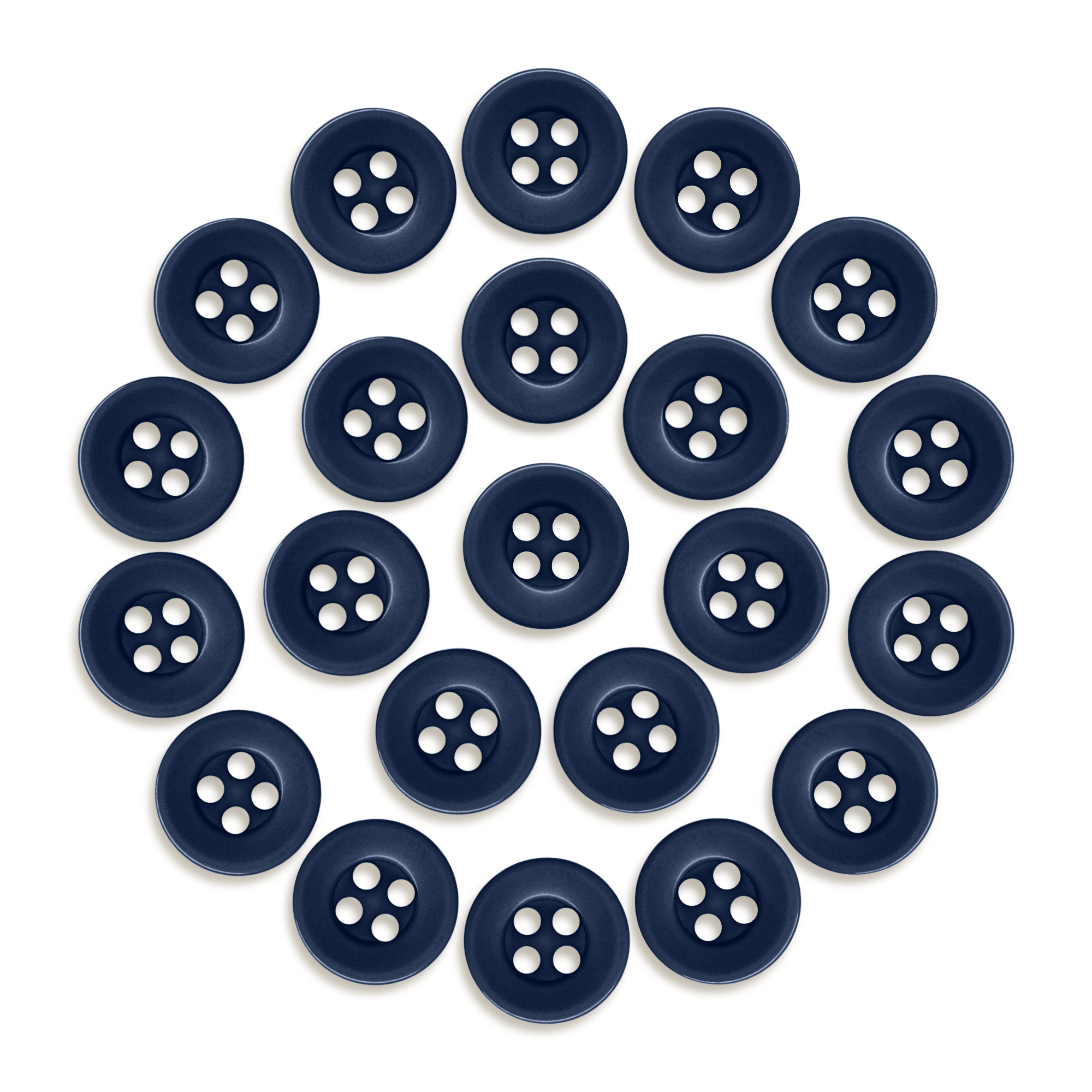 Twenty-three Workshop Uniform Shirt Buttons, made of durable navy blue nylon, are arranged in a circular pattern on a white background.