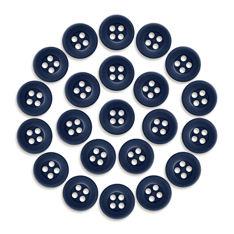 Twenty-three Workshop Uniform Shirt Buttons, made of durable navy blue nylon, are arranged in a circular pattern on a white background.
