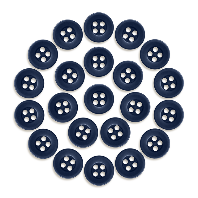 Twenty-three Workshop Uniform Shirt Buttons, made of durable navy blue nylon, are arranged in a circular pattern on a white background.