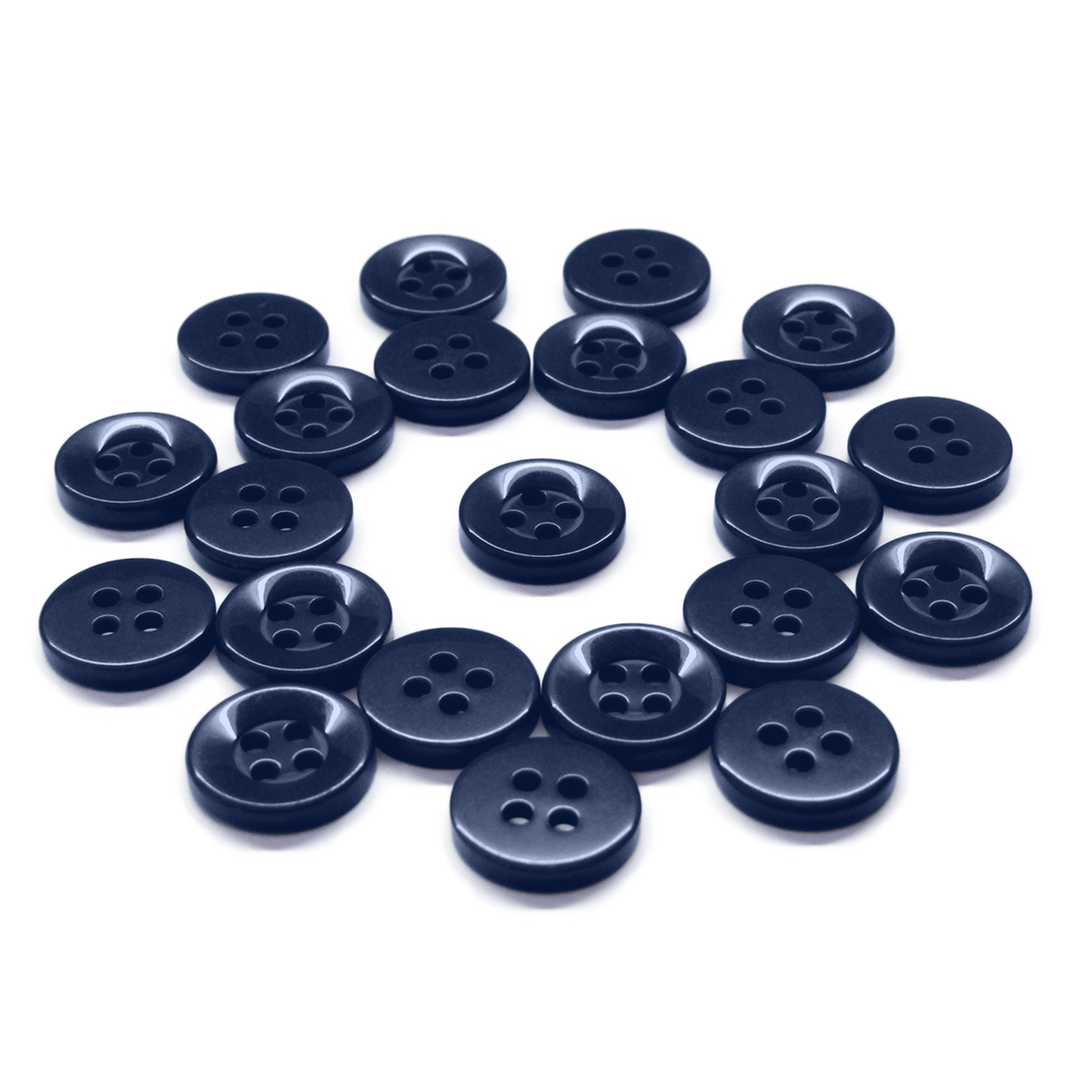 Workshop Uniform Shirt Buttons: durable nylon buttons with two and four holes, ideal for workshop uniforms, displayed in a circular pattern on a white background.