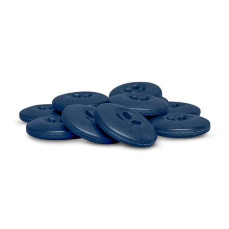 A small pile of flat, round Tactical Buttons made of dark blue melamine, each with two holes, is displayed on a white background.