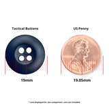 A Tactical Button made of black melamine is shown beside a US penny for scale, demonstrating that its 19mm width closely matches the penny’s 19.05mm diameter, making it ideal for use as a fastener on tactical gear.