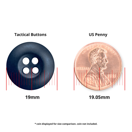 A Tactical Button made of black melamine is shown beside a US penny for scale, demonstrating that its 19mm width closely matches the penny’s 19.05mm diameter, making it ideal for use as a fastener on tactical gear.