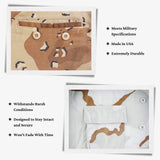 Two close-up images of camo fabric pockets showcase the durability and specifications of the material, featuring Tactical Buttons for secure closure on tactical gear.