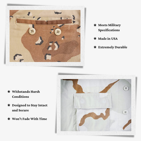 Two close-up images of camo fabric pockets showcase the durability and specifications of the material, featuring Tactical Buttons for secure closure on tactical gear.