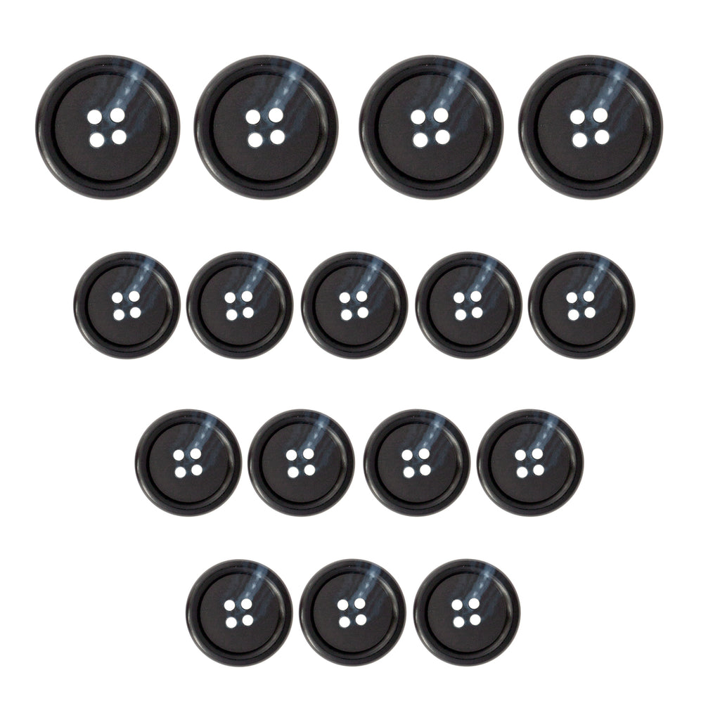 Fifteen Vegan Faux Horn Suit Buttons arranged in a triangle shape on a white background.