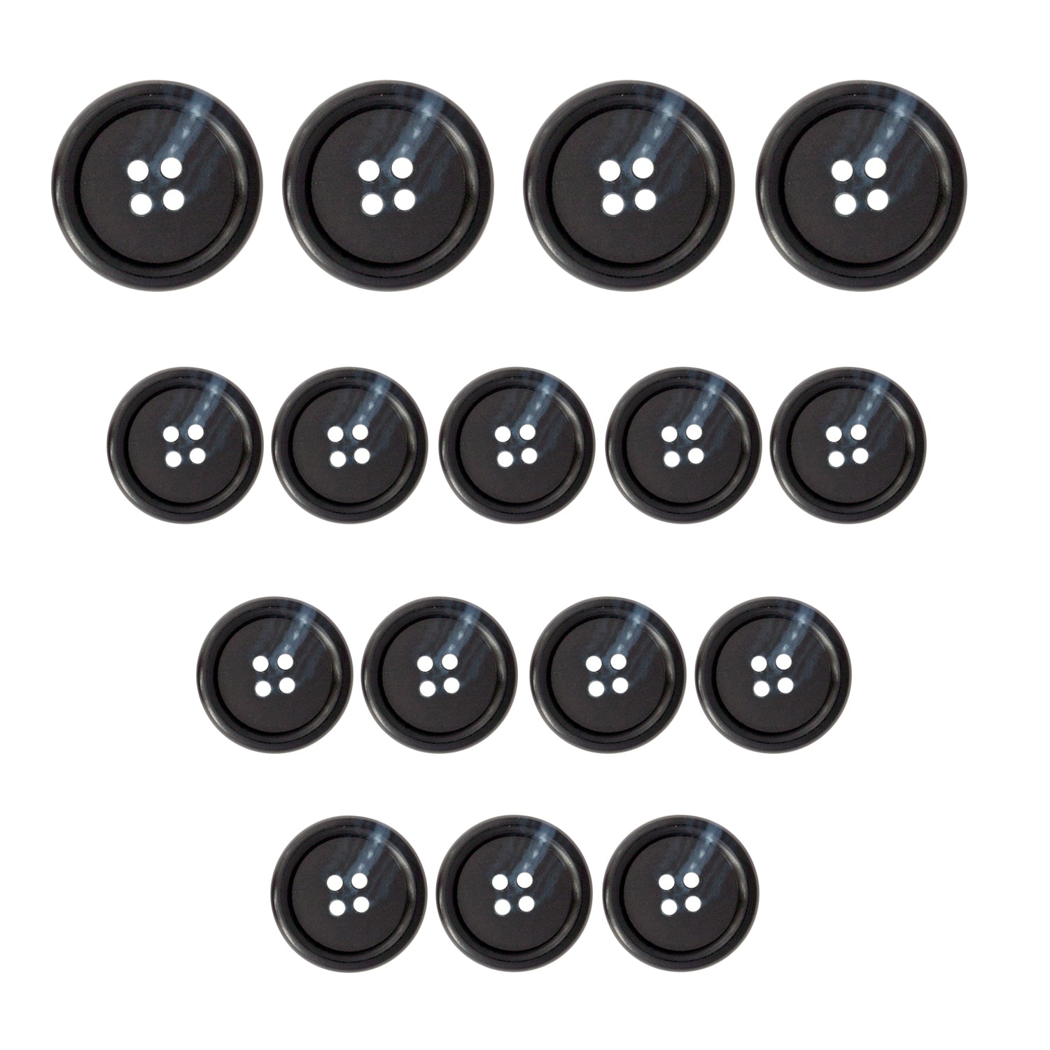 Fifteen Vegan Faux Horn Suit Buttons arranged in a triangle shape on a white background.