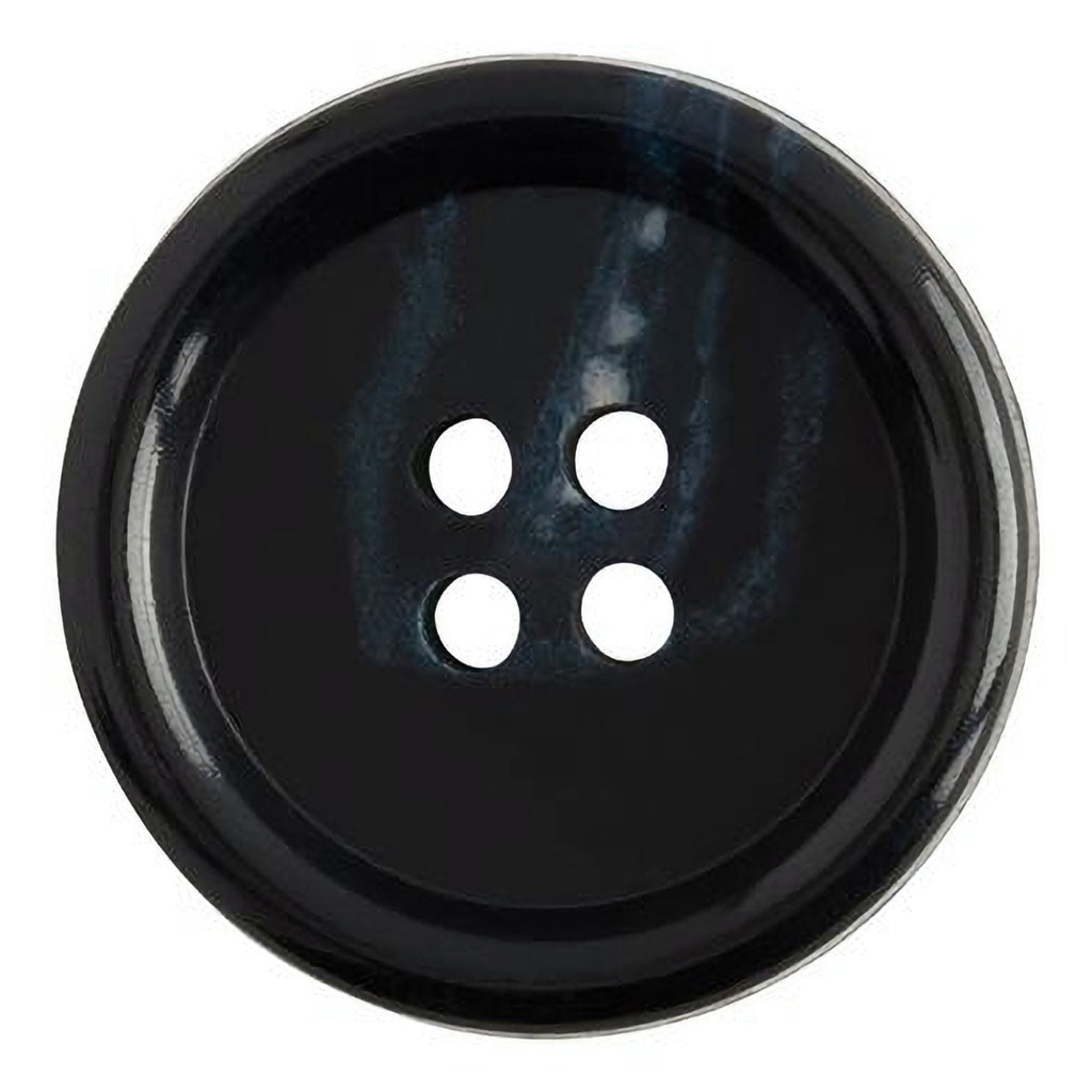 The Vegan Faux Horn Suit Button is black, round, and features four holes in the center—an ethical choice for sewing projects.