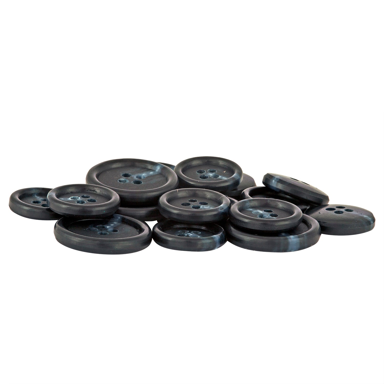 Vegan Faux Horn Suit Buttons in black, each with four holes, are arranged in a pile on a white background.