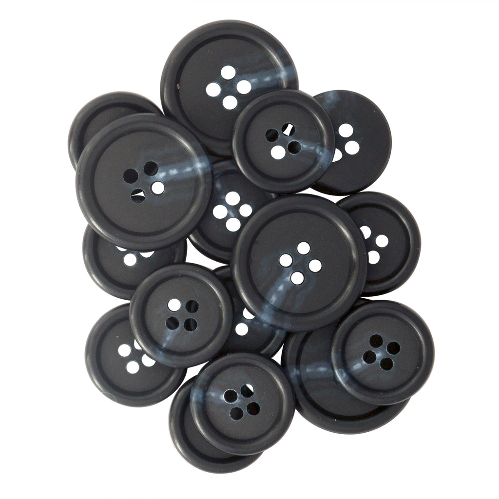 A collection of Vegan Faux Horn Suit Buttons, black with four holes each, displayed on a white background.