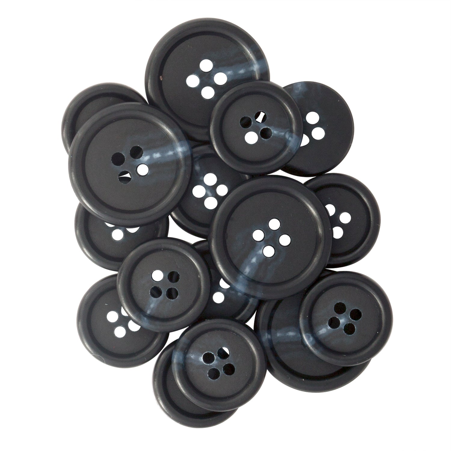 A collection of Vegan Faux Horn Suit Buttons, black with four holes each, displayed on a white background.