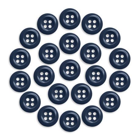 A circle of evenly spaced Work Shirt Buttons, each navy blue with four holes, displayed on a white background.