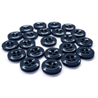 A set of Work Shirt Buttons 22 Pack in dark blue, arranged neatly in a curved pattern on a white surface.