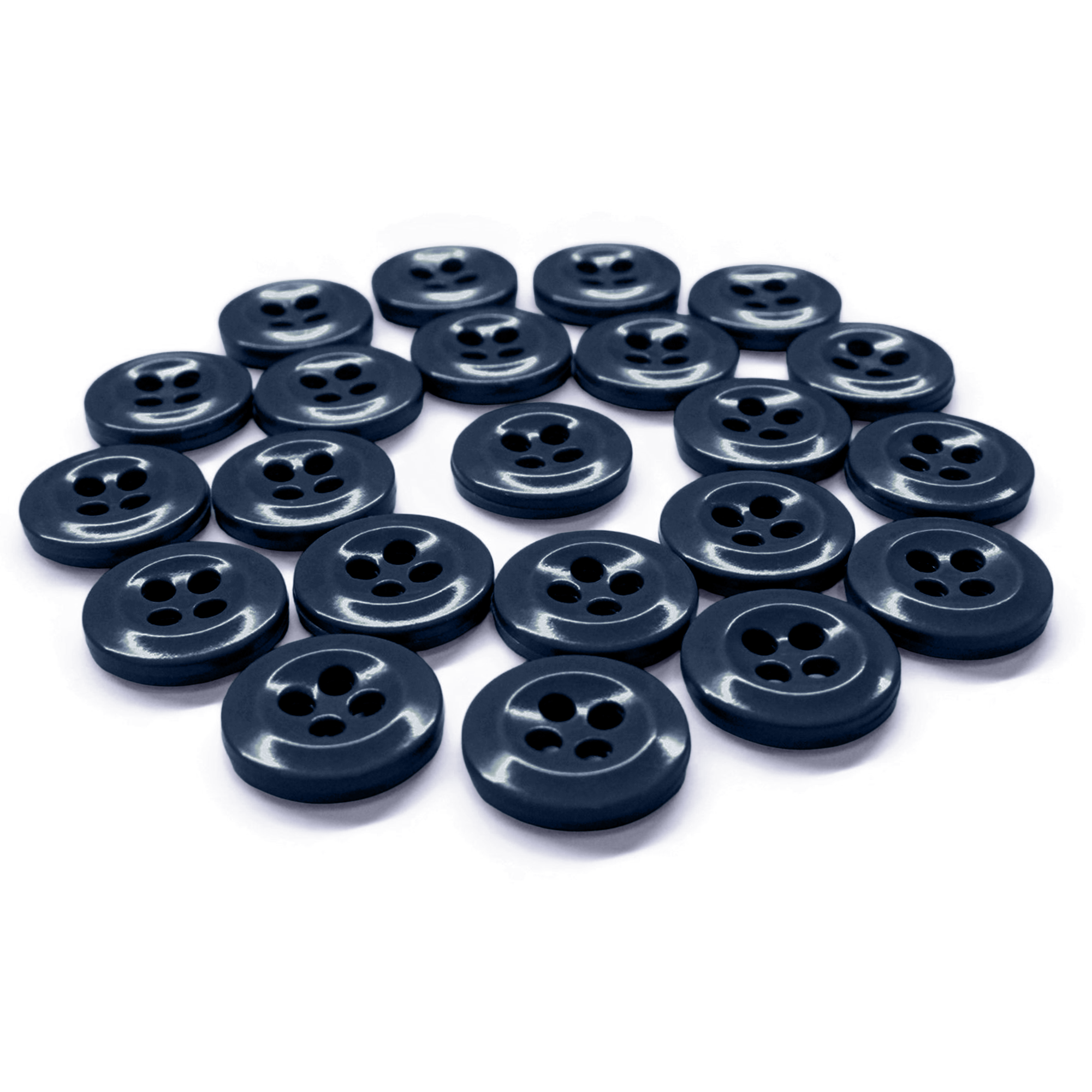 A set of Work Shirt Buttons 22 Pack in dark blue, arranged neatly in a curved pattern on a white surface.