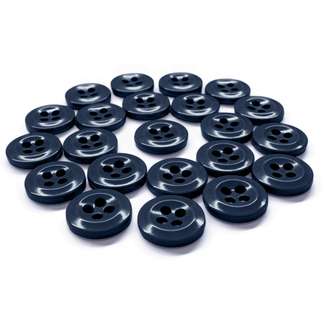 Work Shirt Buttons in dark blue, military spec, are arranged in a semi-circle on a white background.