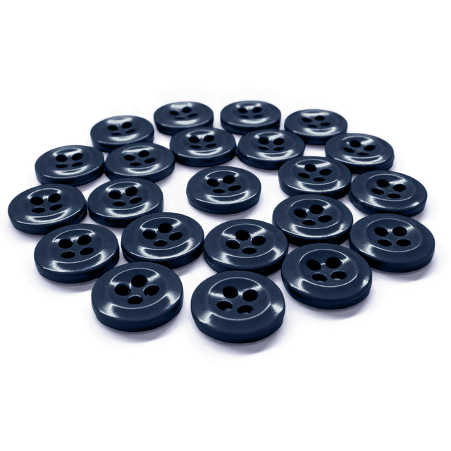 Work Shirt Buttons in dark blue, military spec, are arranged in a semi-circle on a white background.