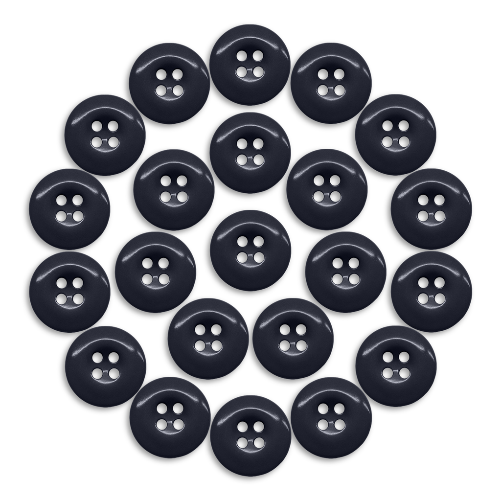 A set of twenty-four black Work Pants Buttons, each industrial-strength with four holes, arranged in a circle on a white background.
