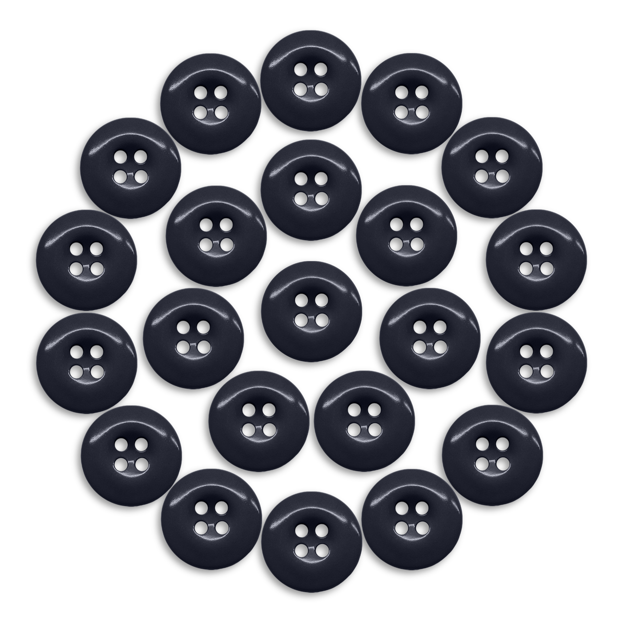 A set of twenty-four black Work Pants Buttons, each industrial-strength with four holes, arranged in a circle on a white background.