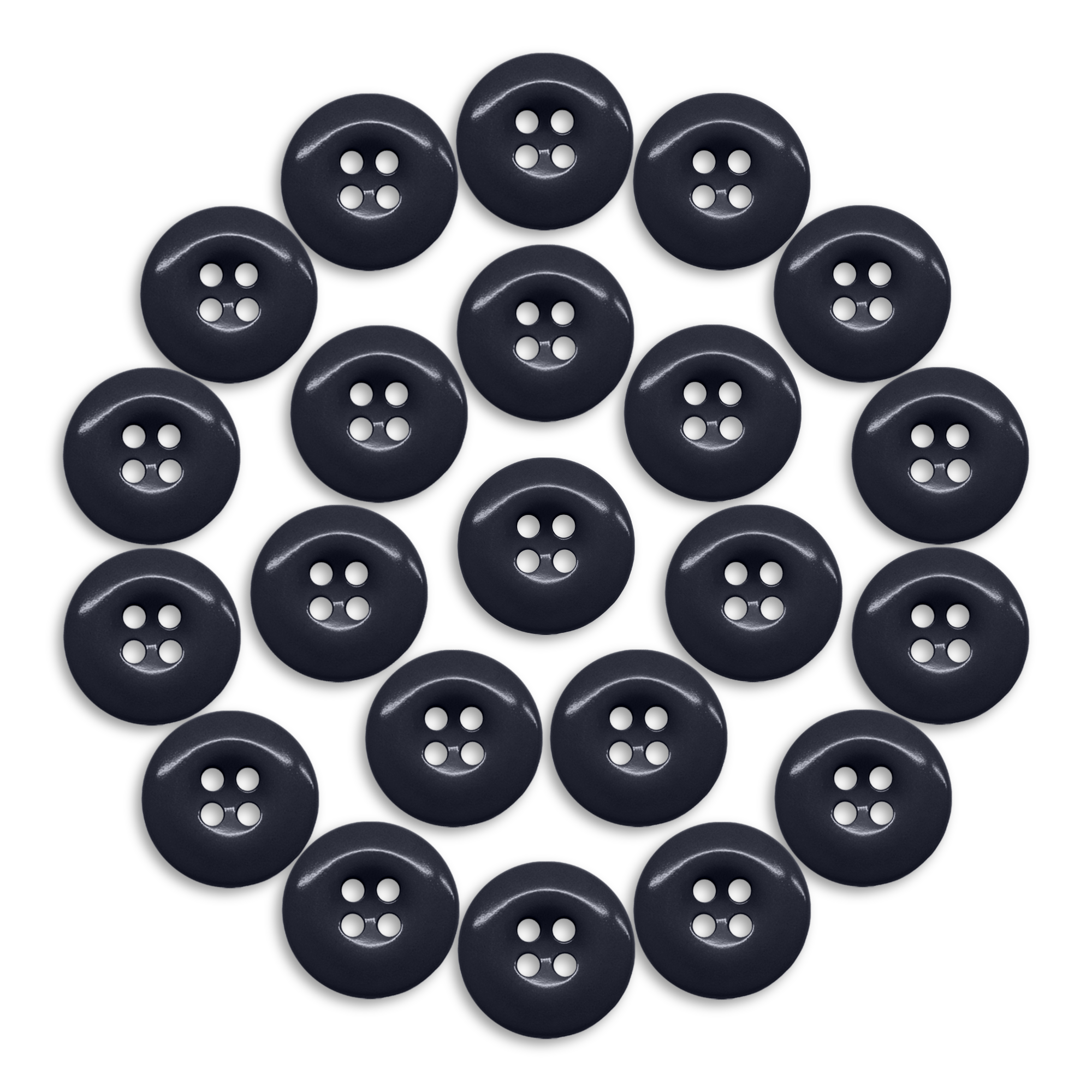 A set of twenty-four black Work Pants Buttons, each industrial-strength with four holes, arranged in a circle on a white background.