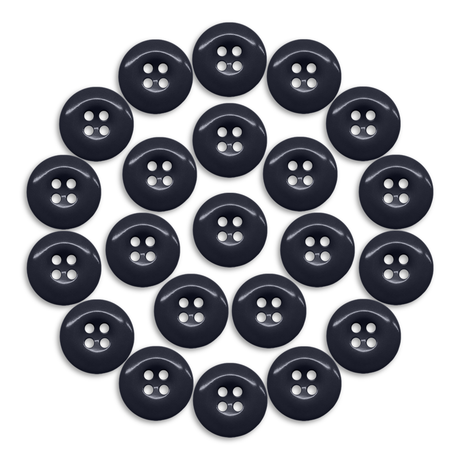 A set of twenty-four black Work Pants Buttons, each industrial-strength with four holes, arranged in a circle on a white background.