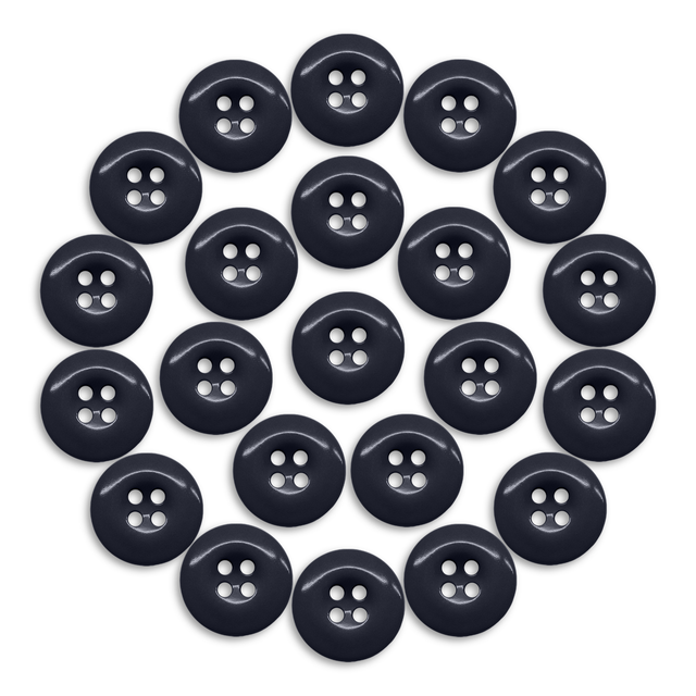A set of twenty-four black Work Pants Buttons, each industrial-strength with four holes, arranged in a circle on a white background.