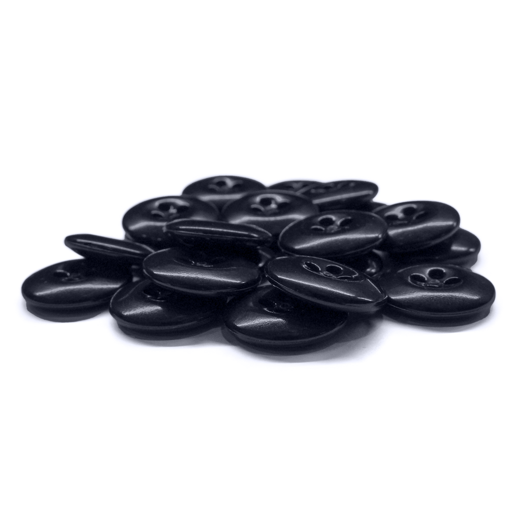 A pile of black, round, four-hole Work Pants Buttons with industrial strength on a white background.