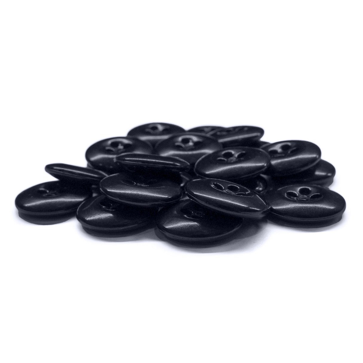 A pile of black, round, four-hole Work Pants Buttons with industrial strength on a white background.