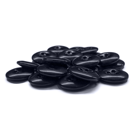 A pile of black, round, four-hole Work Pants Buttons with industrial strength on a white background.