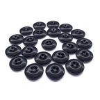 A set of round, black Work Pants Buttons featuring four holes in a classic pattern, displayed on a white background.