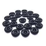 A set of round, black Work Pants Buttons featuring four holes in a classic pattern, displayed on a white background.