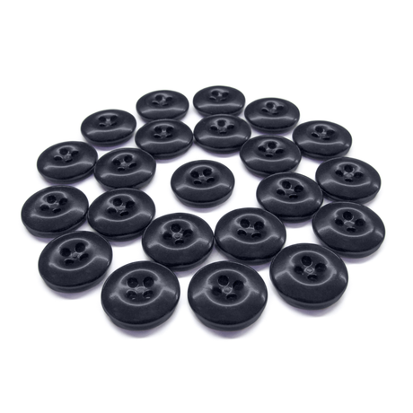 A set of round, black Work Pants Buttons featuring four holes in a classic pattern, displayed on a white background.
