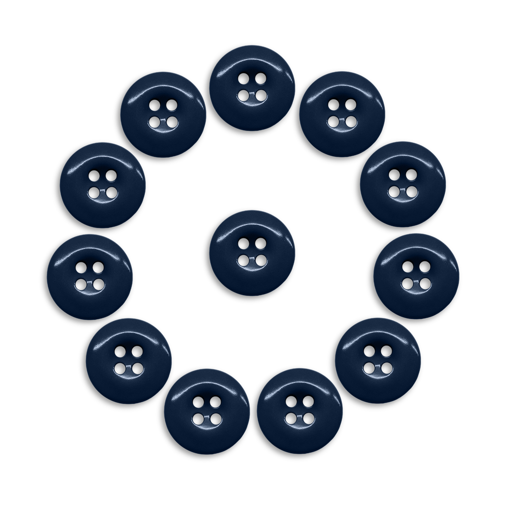 Twelve Work Pants Buttons in navy blue, designed to military-grade standards, are arranged in a circle on a white background.