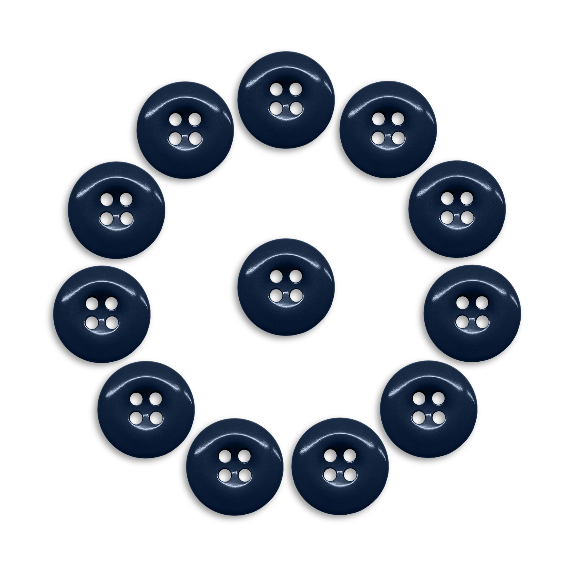 Twelve Work Pants Buttons in navy blue, designed to military-grade standards, are arranged in a circle on a white background.