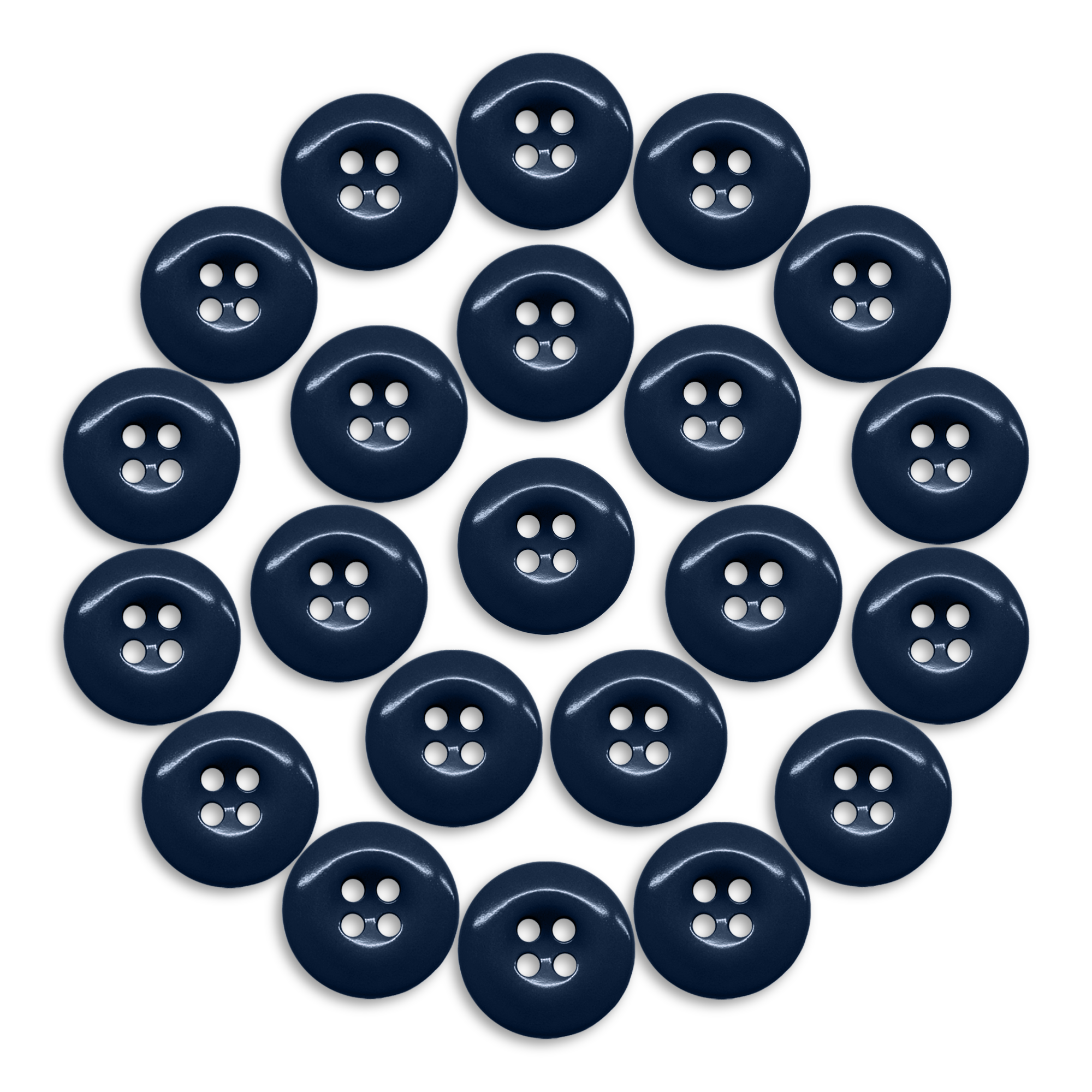 Twenty-two Work Pants Buttons, dark blue and industrial style, are arranged in a circular pattern on a white background.