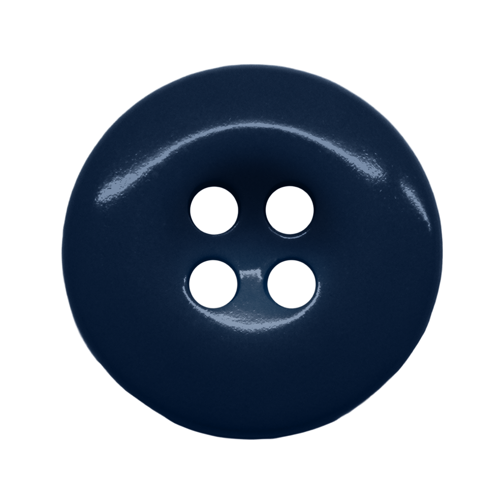A round, dark blue Work Pants Button with four holes sits on a white background, ideal as a durable replacement fastener.
