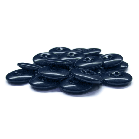 A stack of Work Pants Buttons in dark blue military grade is arranged together on a white background.