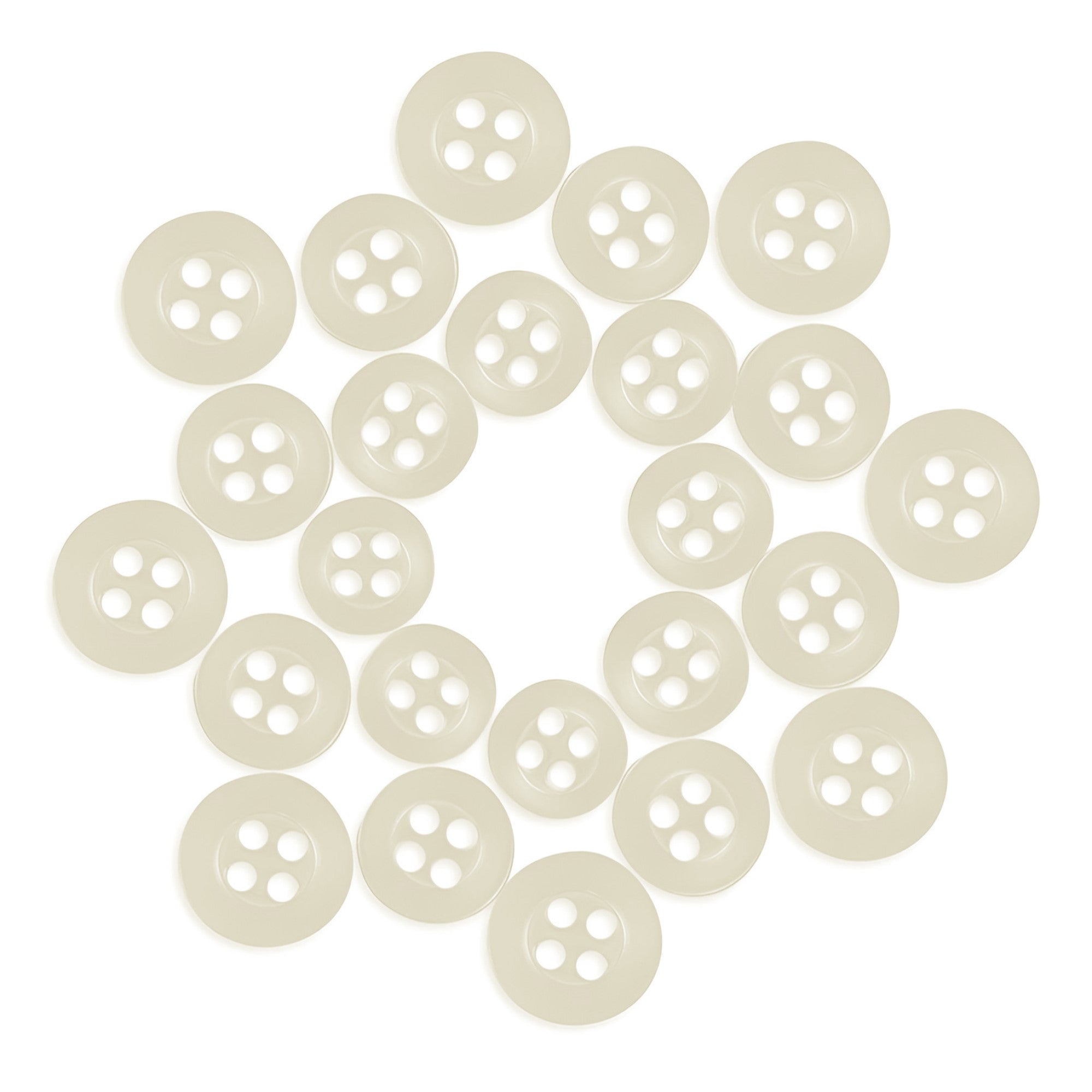 Twenty-four Replacement Shirt Buttons in a cream-colored matte finish, displayed in a circular, flower-like pattern on a white background.
