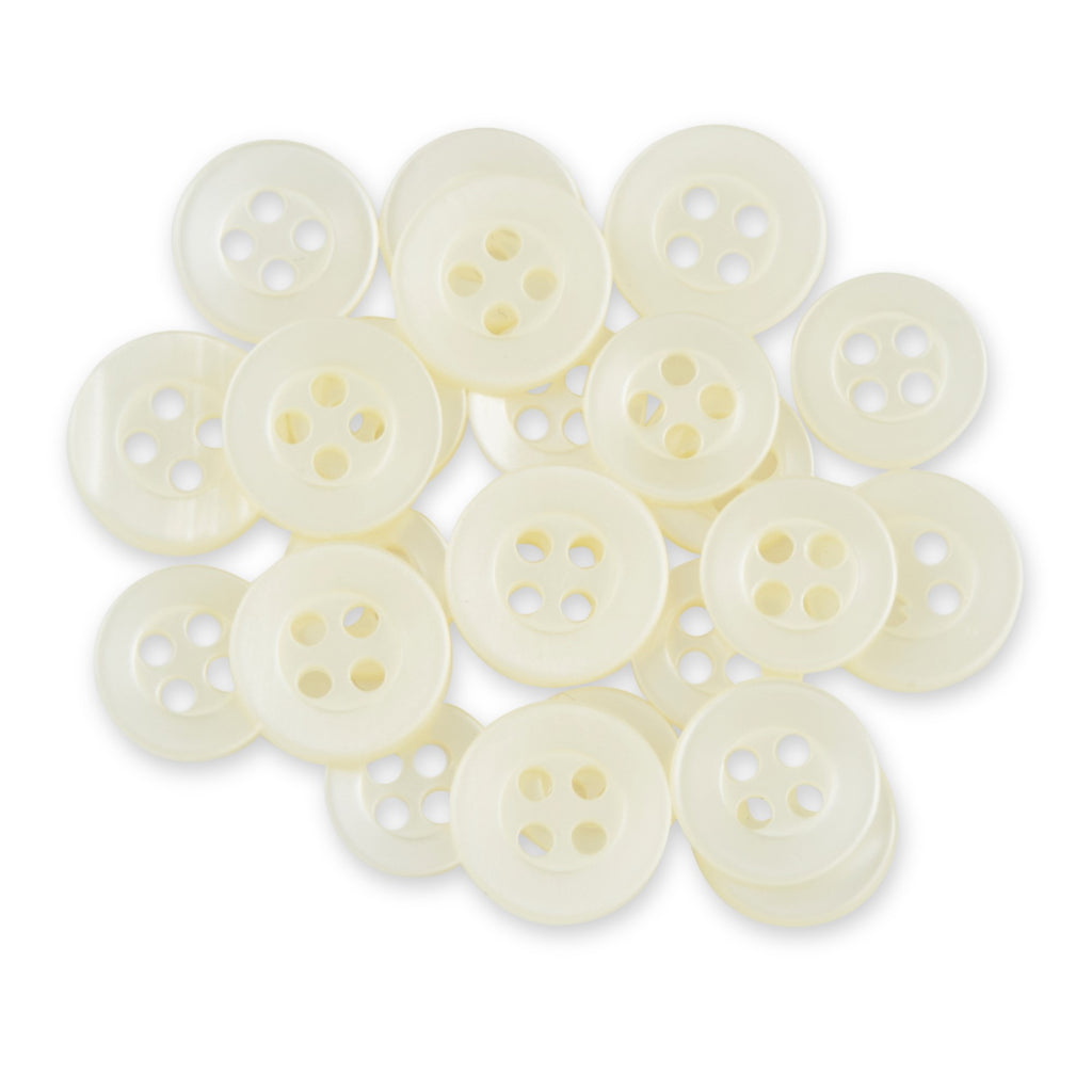 A set of Replacement Shirt Buttons, small and round with four holes and a matte white poly-nylon finish, is displayed on a white background.