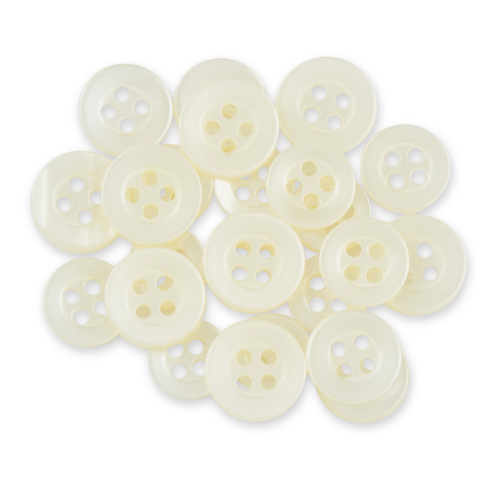 A set of Replacement Shirt Buttons, small and round with four holes and a matte white poly-nylon finish, is displayed on a white background.
