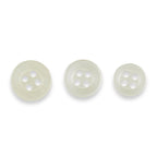 Three Replacement Shirt Buttons in white with a matte finish and four holes, arranged by size on a white background—ideal for any tailor's button kit.